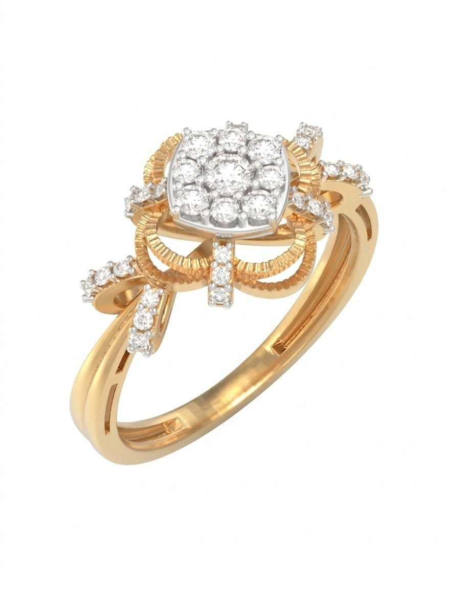 Yellow  gold ring with diamond accents on a white background.