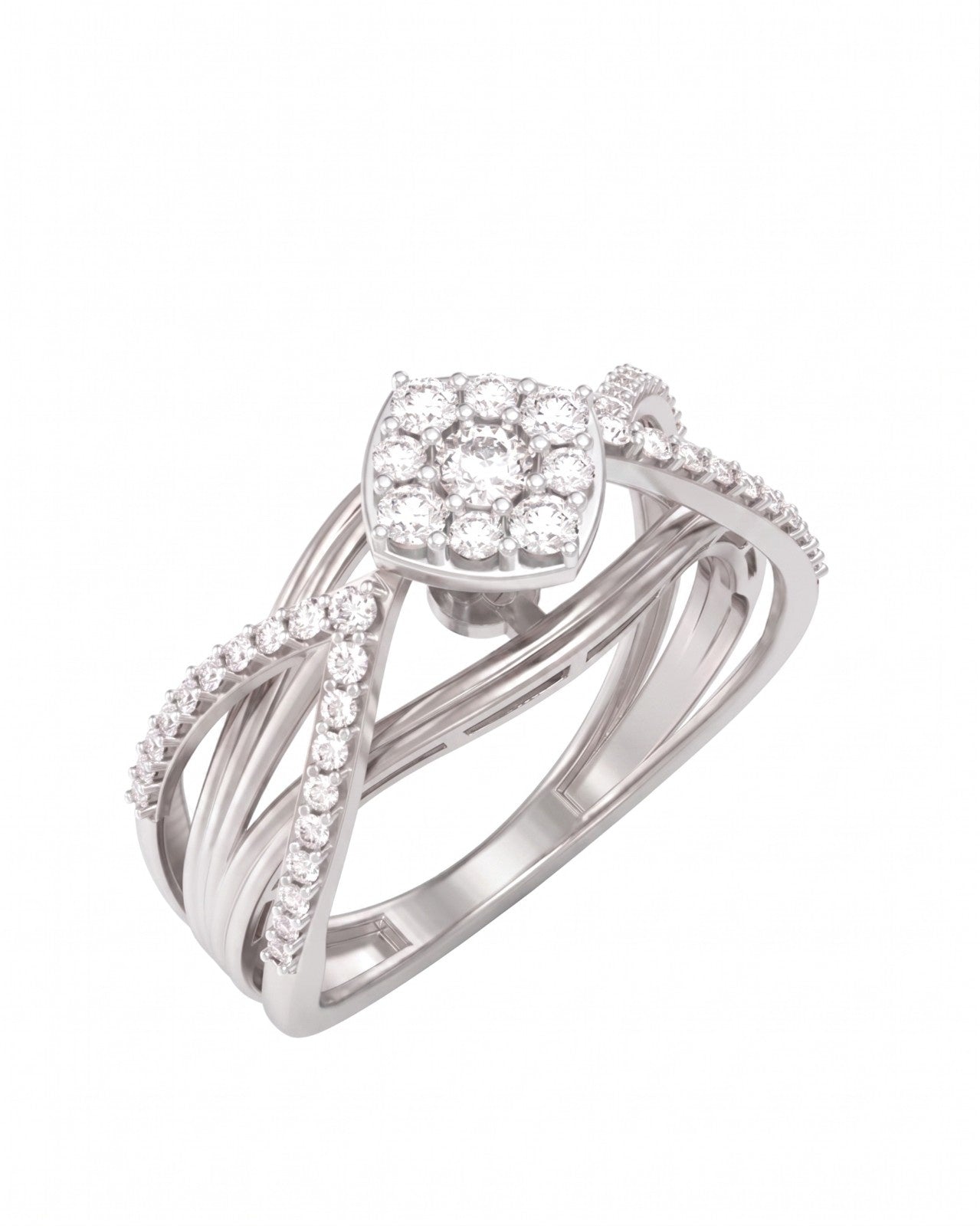 A white gold ring with a square-shaped diamond cluster center, shown on a plain white background.