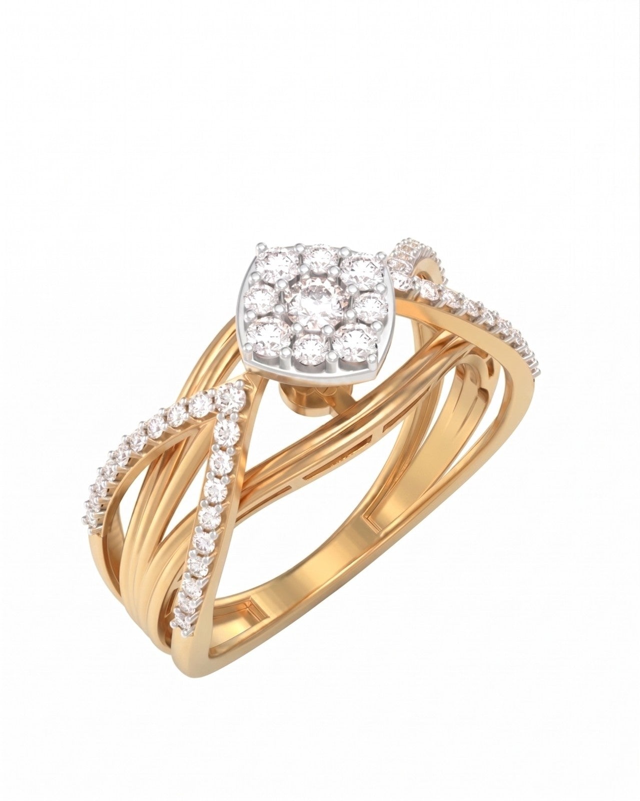 A yellow gold ring with a square-shaped diamond cluster center, shown on a plain white background.