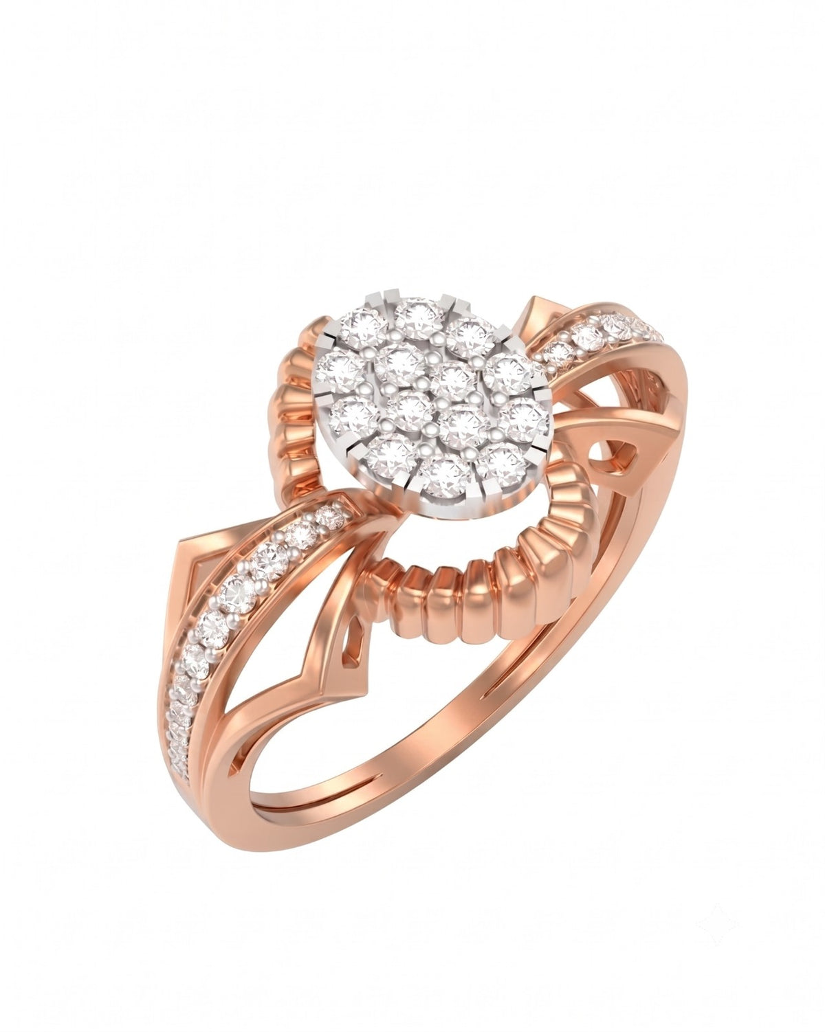 Rose gold and diamond with center cluster on a white background.