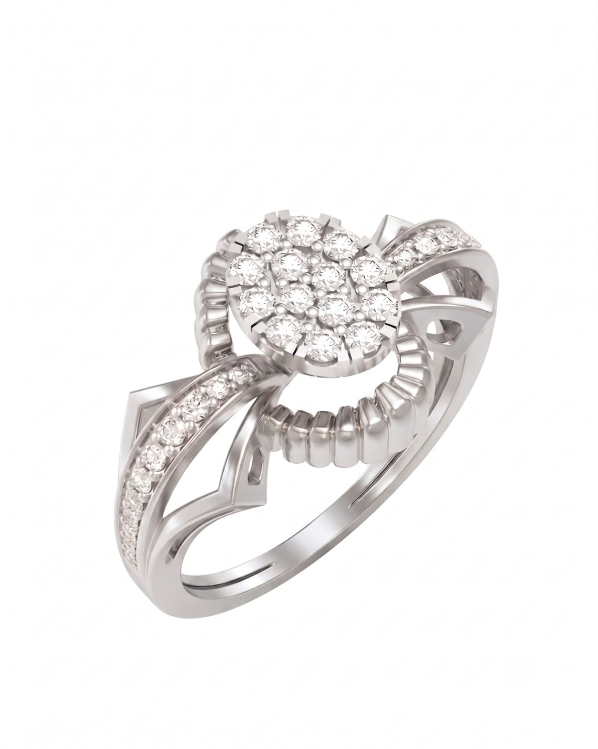 White gold and diamond with center cluster on a white background.