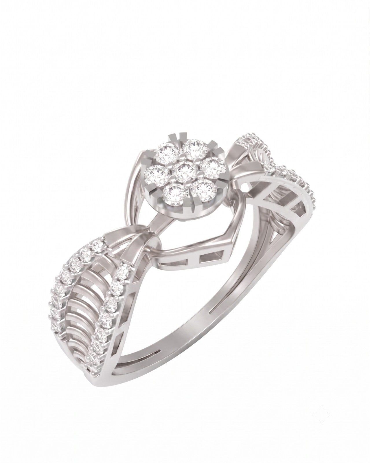 White Gold and diamond ring with cluster on a white background