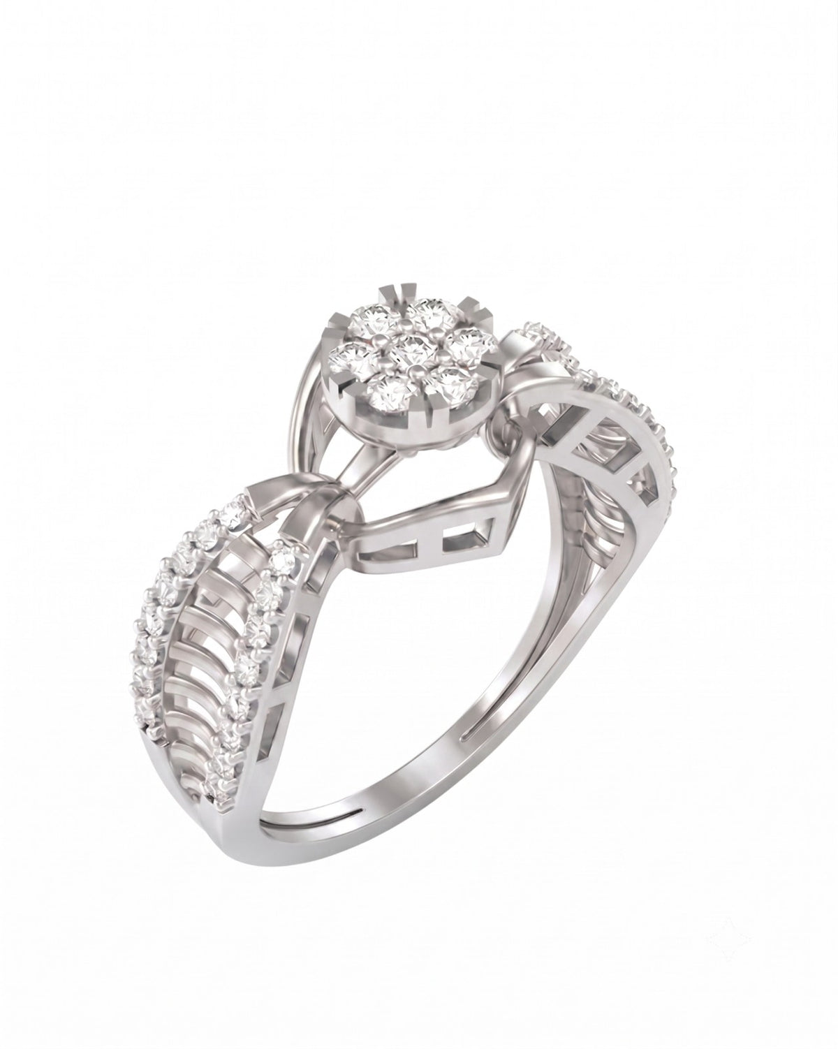 White gold ring with diamond accents on a white background