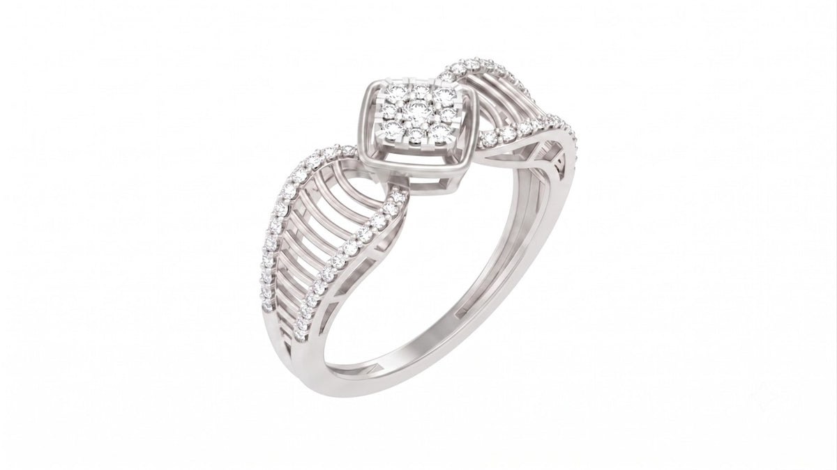 A white gold ring with a square diamond cluster at the center, shown on a plain white background.