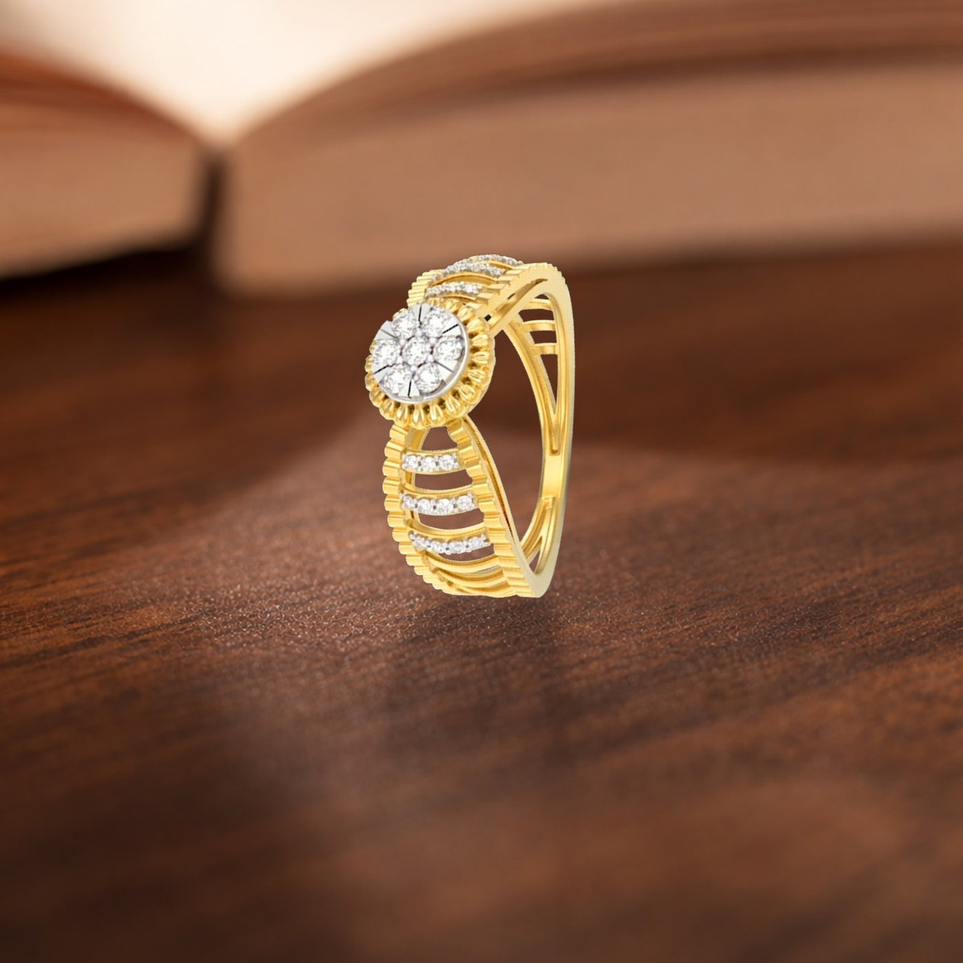 Gold ring with diamonds on a wooden surface.