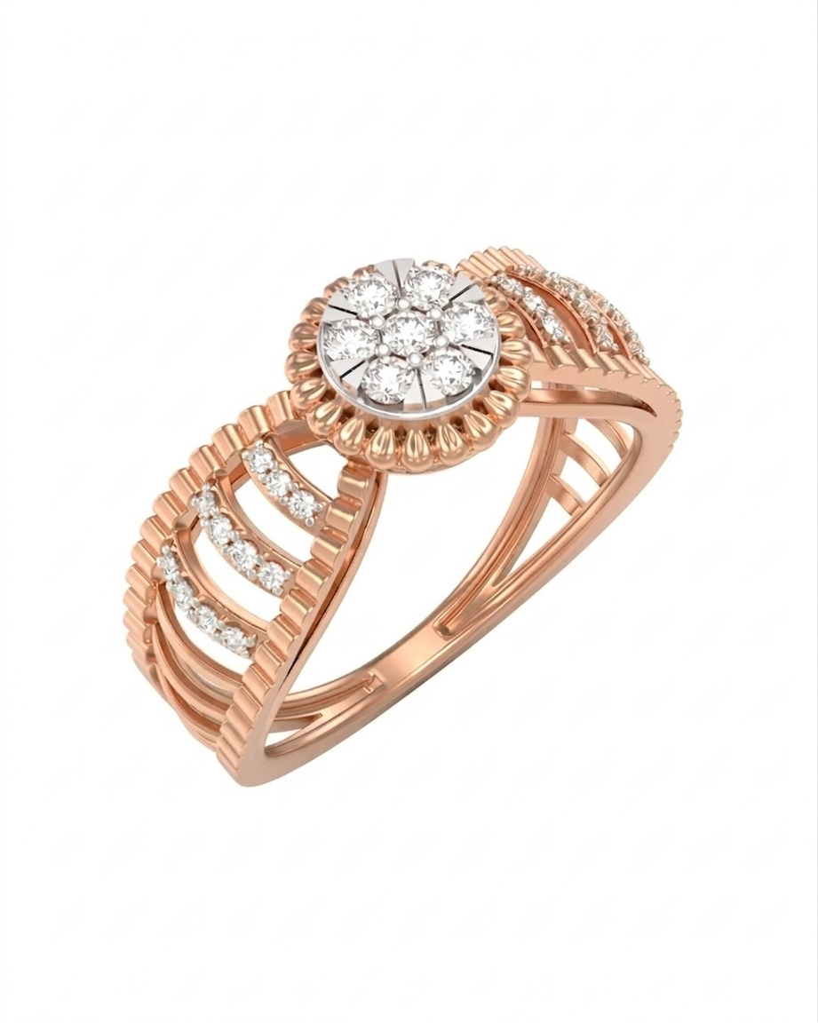 Rose gold ring with diamond accents on a white background
