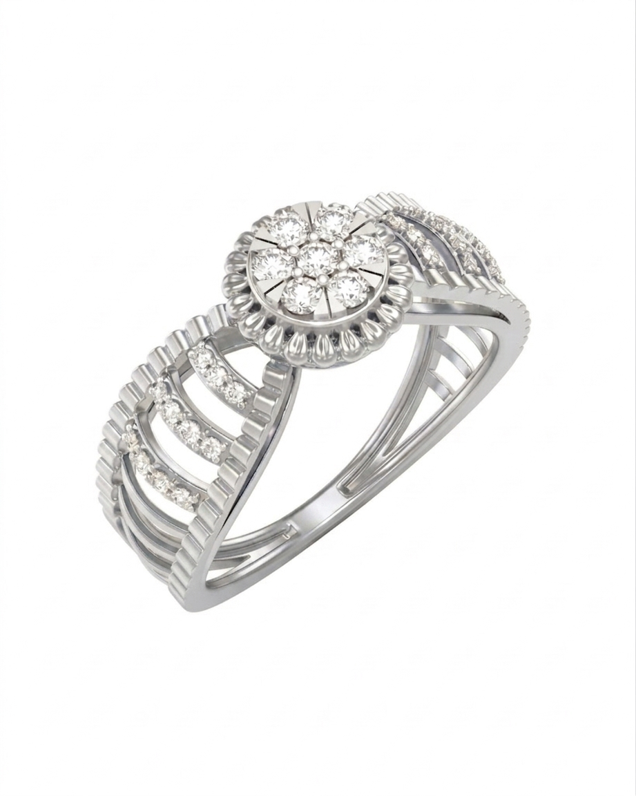 White gold ring with diamond accents on a white background