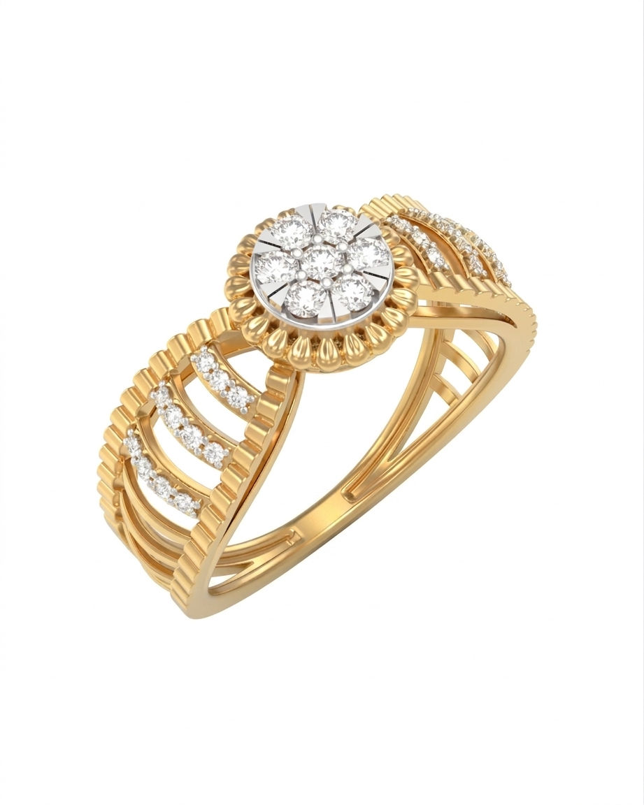 Yellow gold ring with diamond accents on a white background
