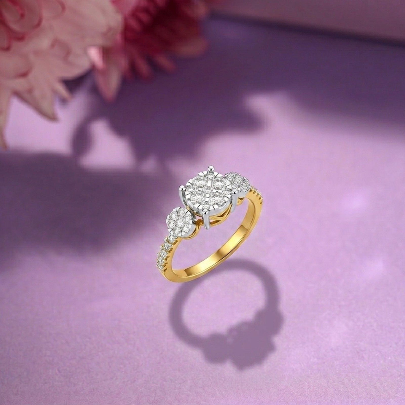 Gold and diamonds with cluster design on a pink surface