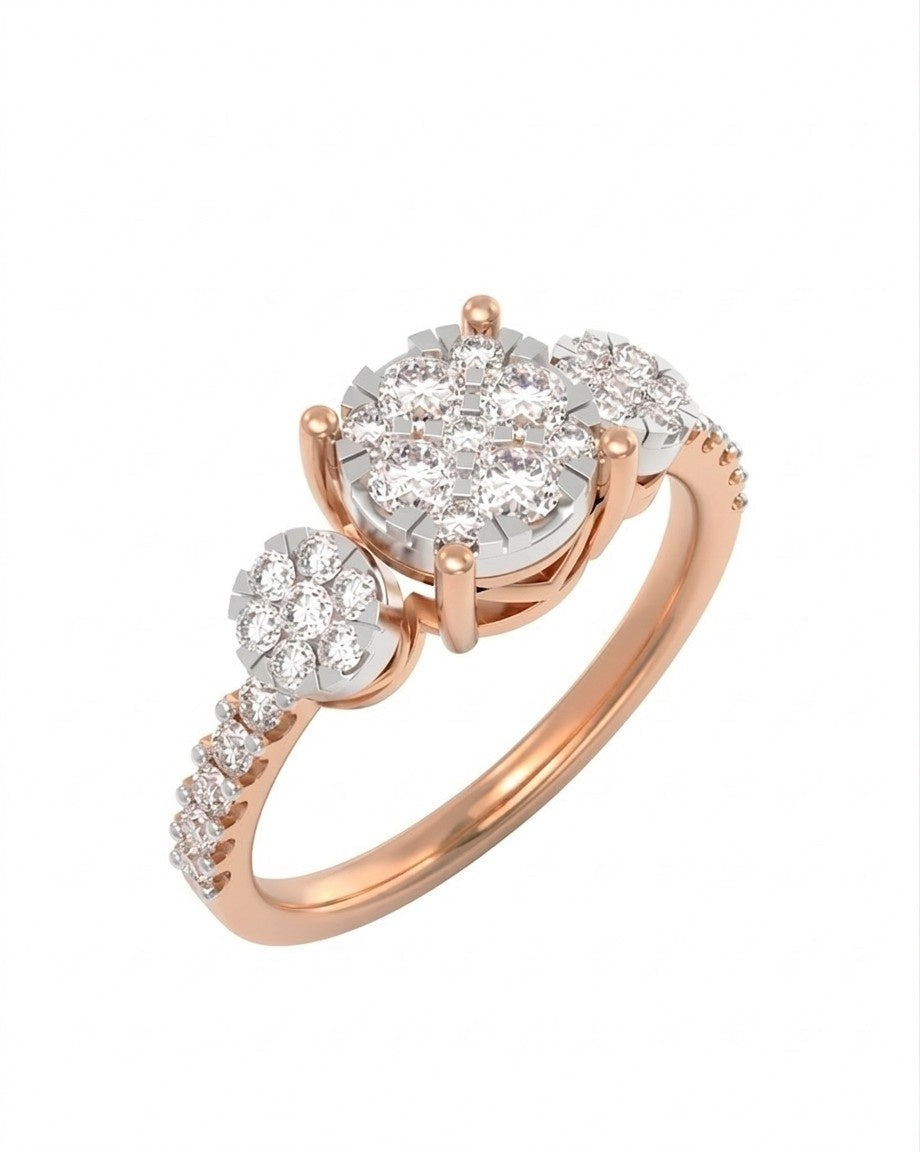 A rose gold ring with a diamond cluster design, set against a plain white background.