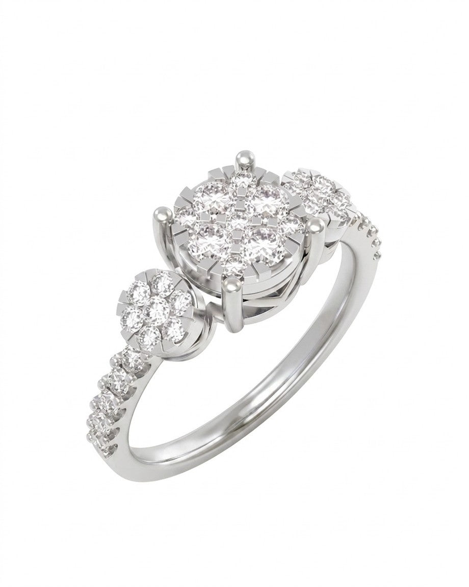 A white gold ring with a diamond cluster design, set against a plain white background.