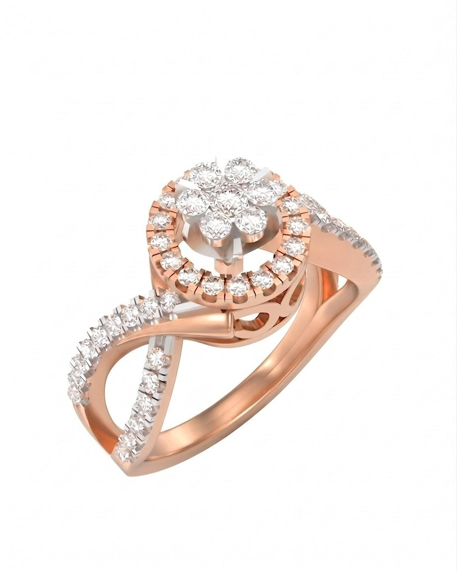 Rose gold ring with diamond accents on a white background.