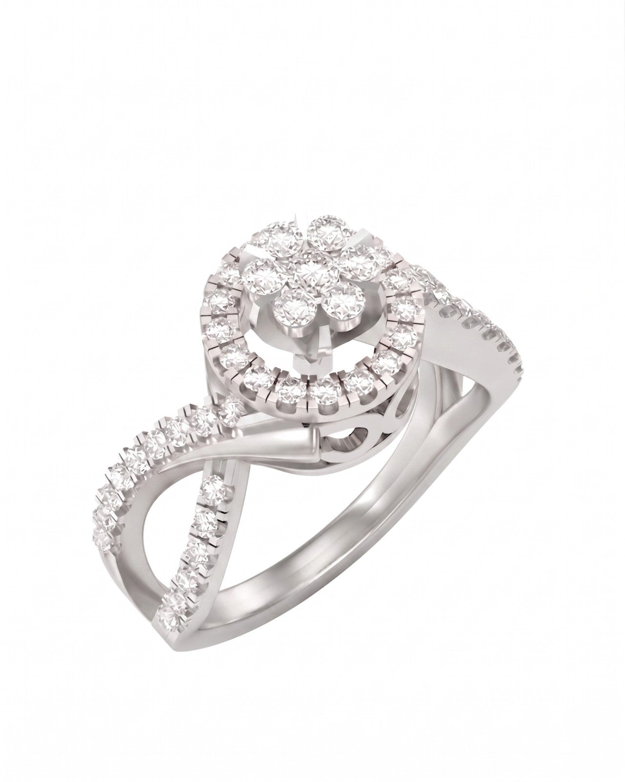 White gold ring with diamond accents on a white background.