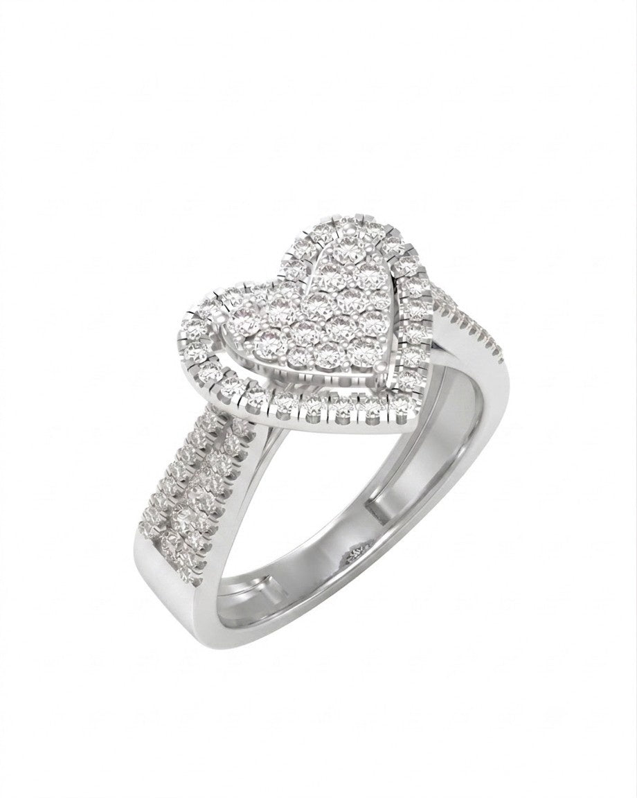 A white gold ring featuring a heart-shaped pavé setting, shown on a plain white background.