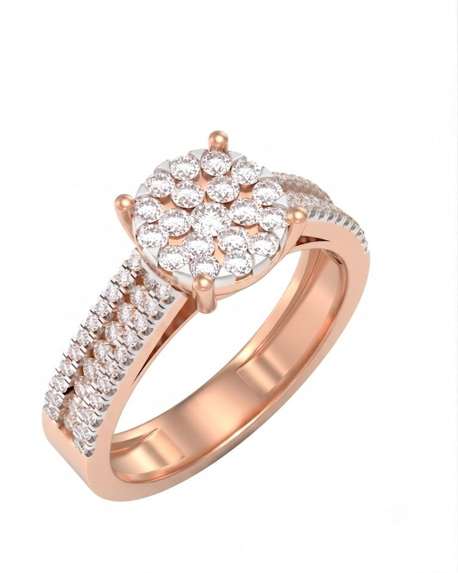 A rose gold ring featuring a round cluster, shown on a plain white background.