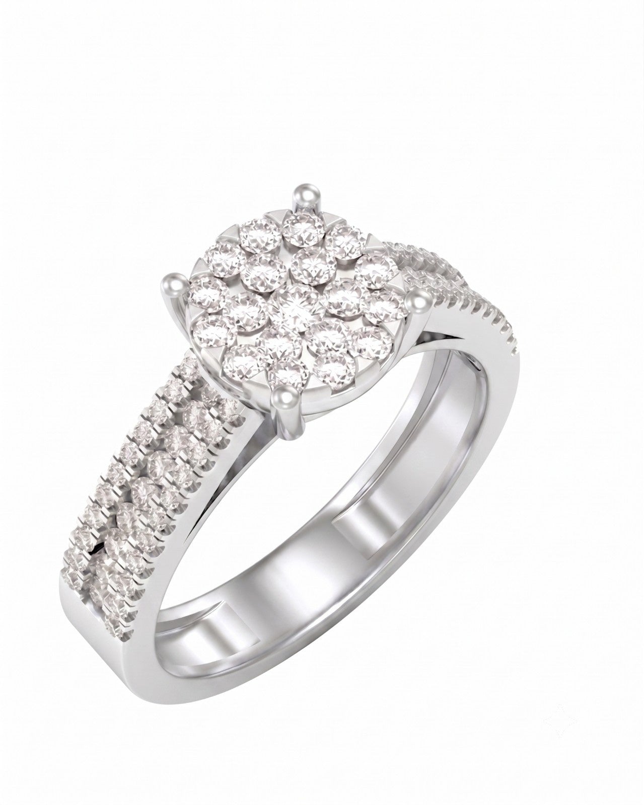 A white gold ring featuring a round cluster, shown on a plain white background.