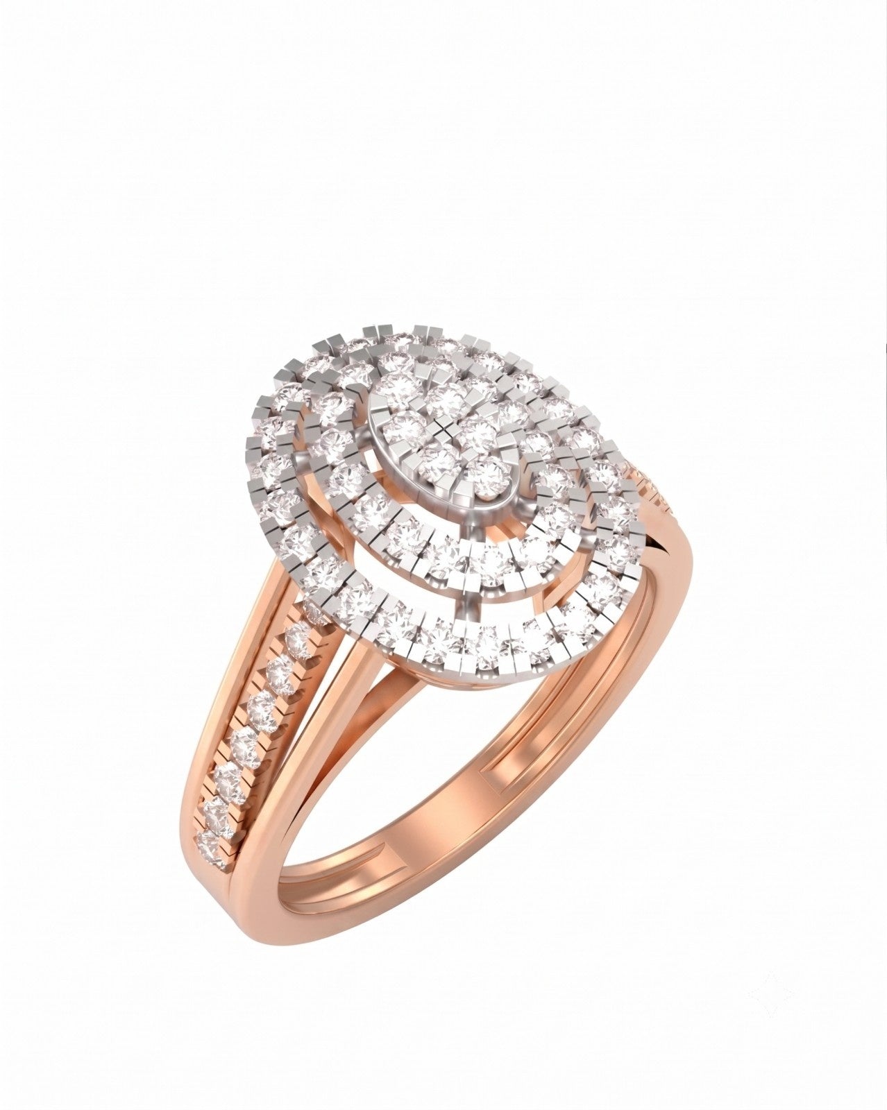 Rose gold ring with diamond accents on a white background.