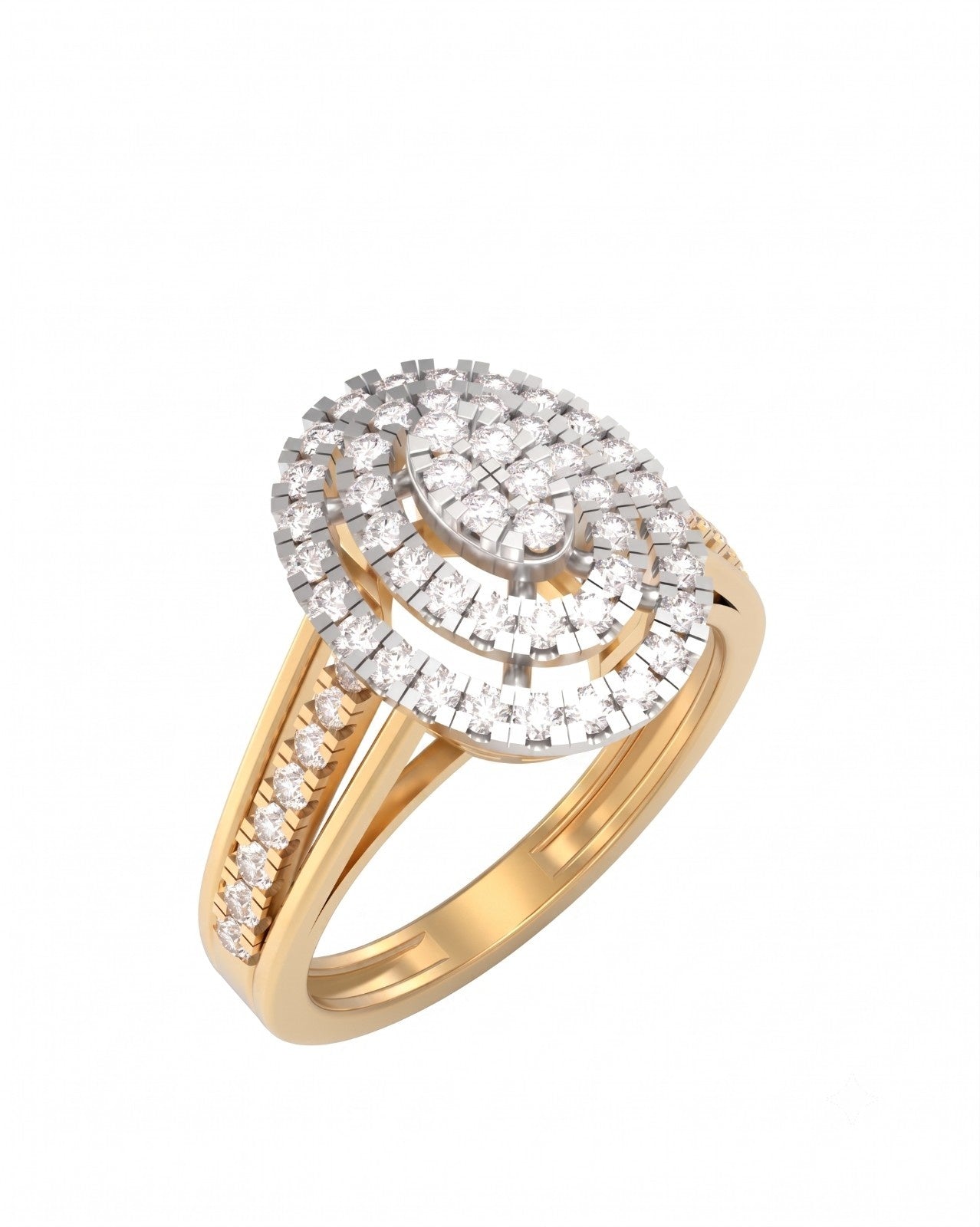 Yellow gold ring with diamond accents on a white background.