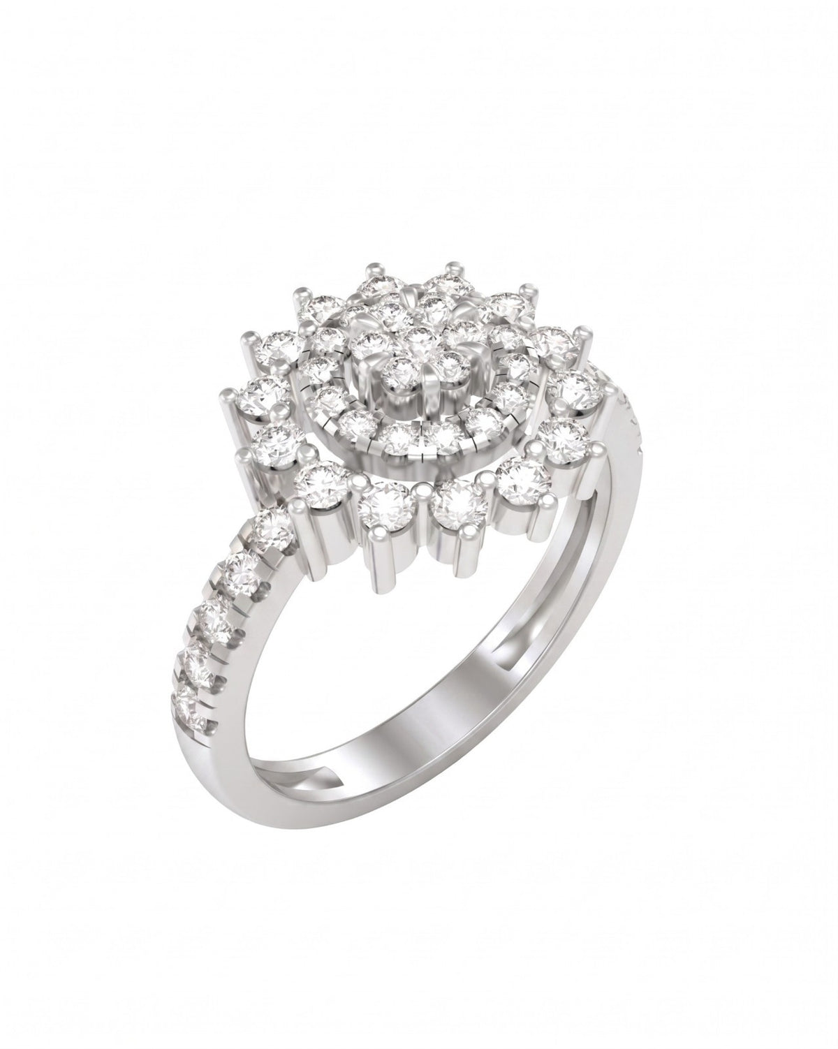 White gold and diamond ring with diamond accents on a white background