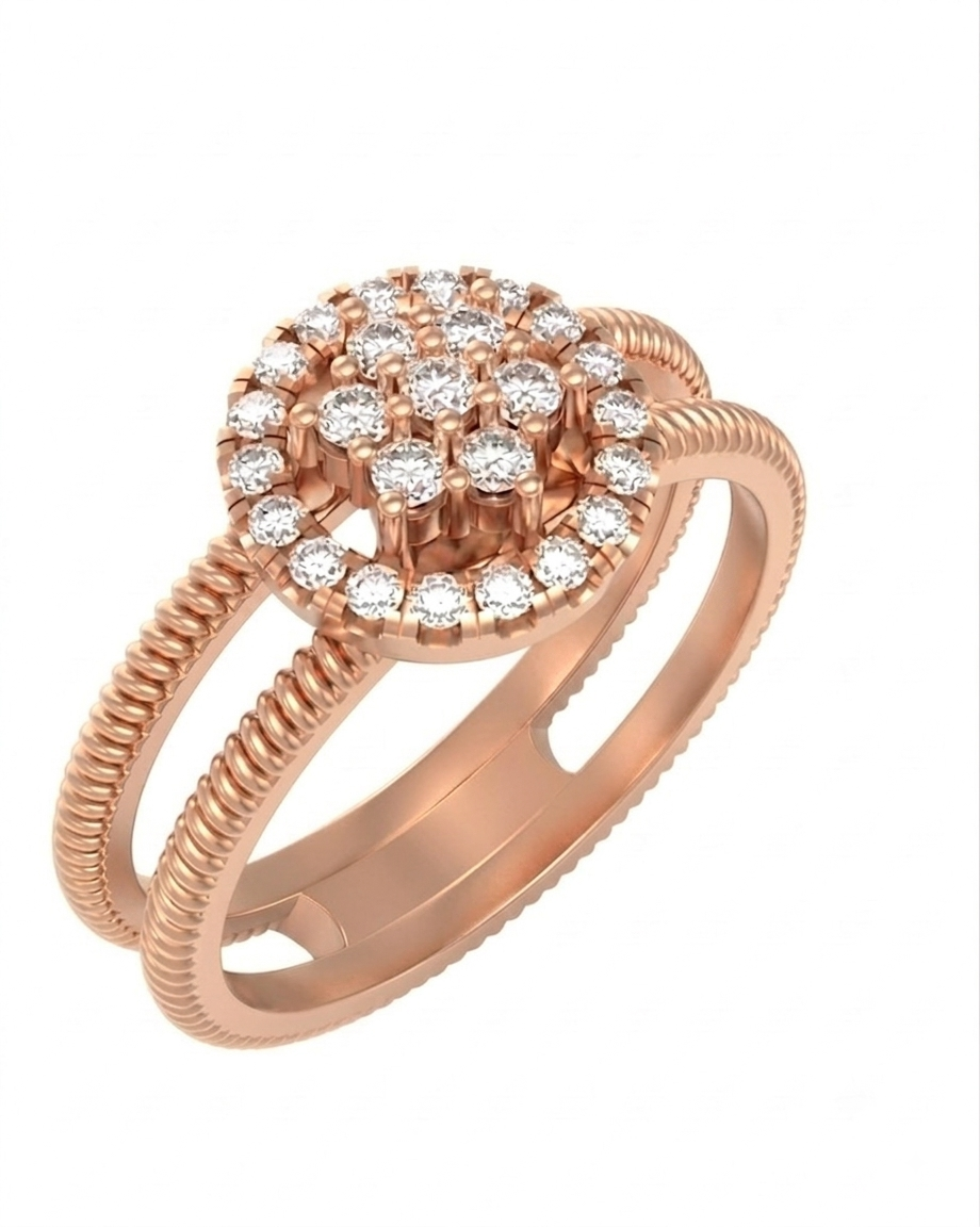 A rose gold ring with a round cluster, shown on a plain white background.