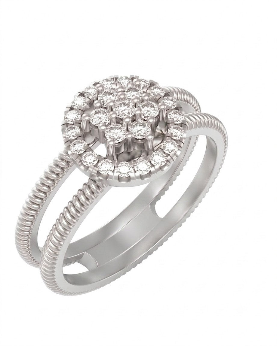 A white gold ring with a round cluster, shown on a plain white background.
