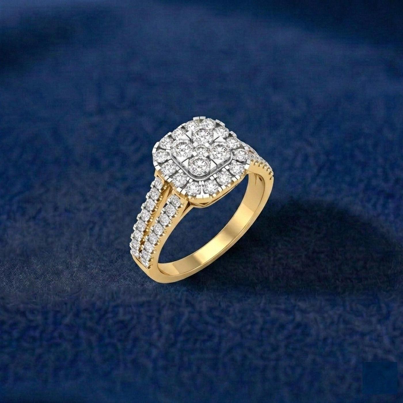Gold ring with diamonds on a blue textured background