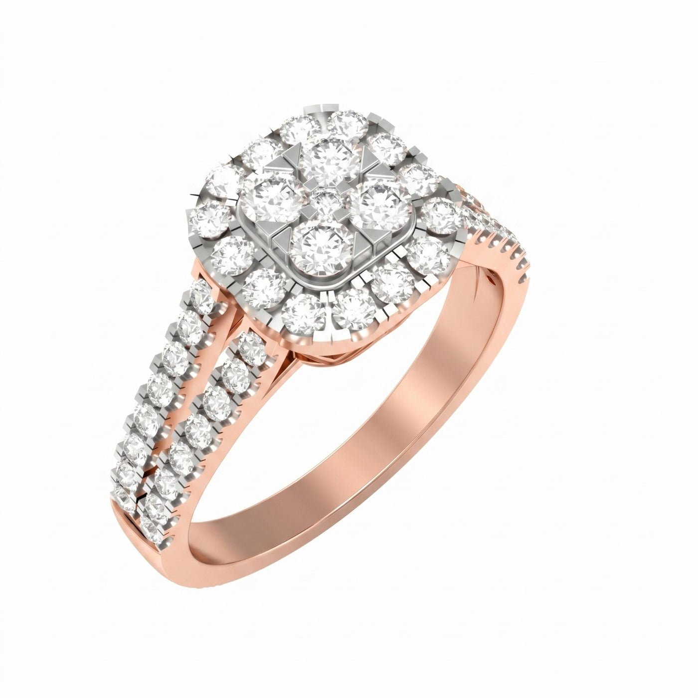 Rose gold ring with diamond accents on a white background