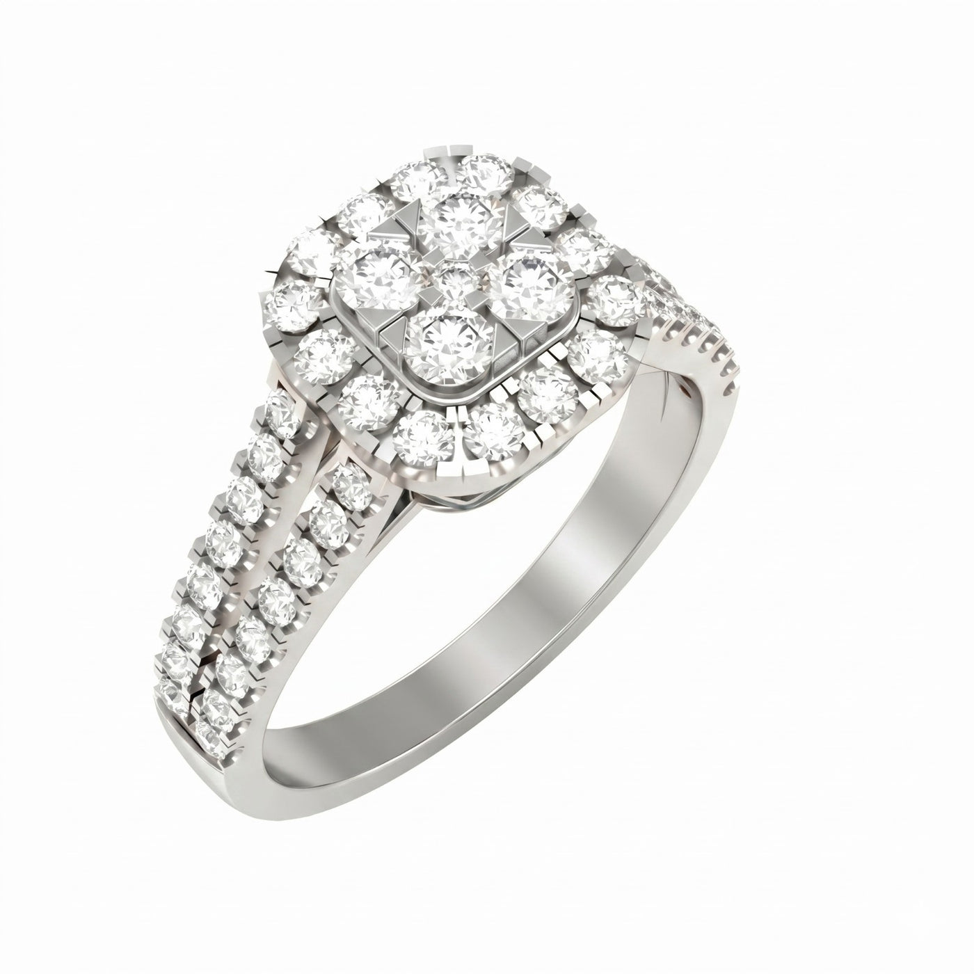 White gold ring with diamond accents on a white background