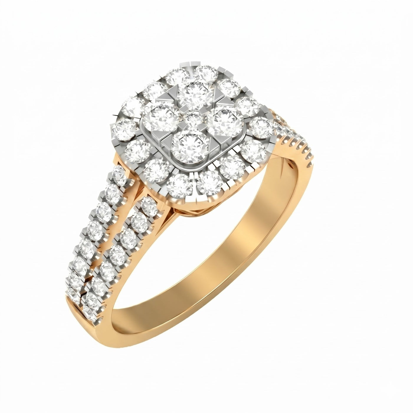 Yellow gold ring with diamond accents on a white background