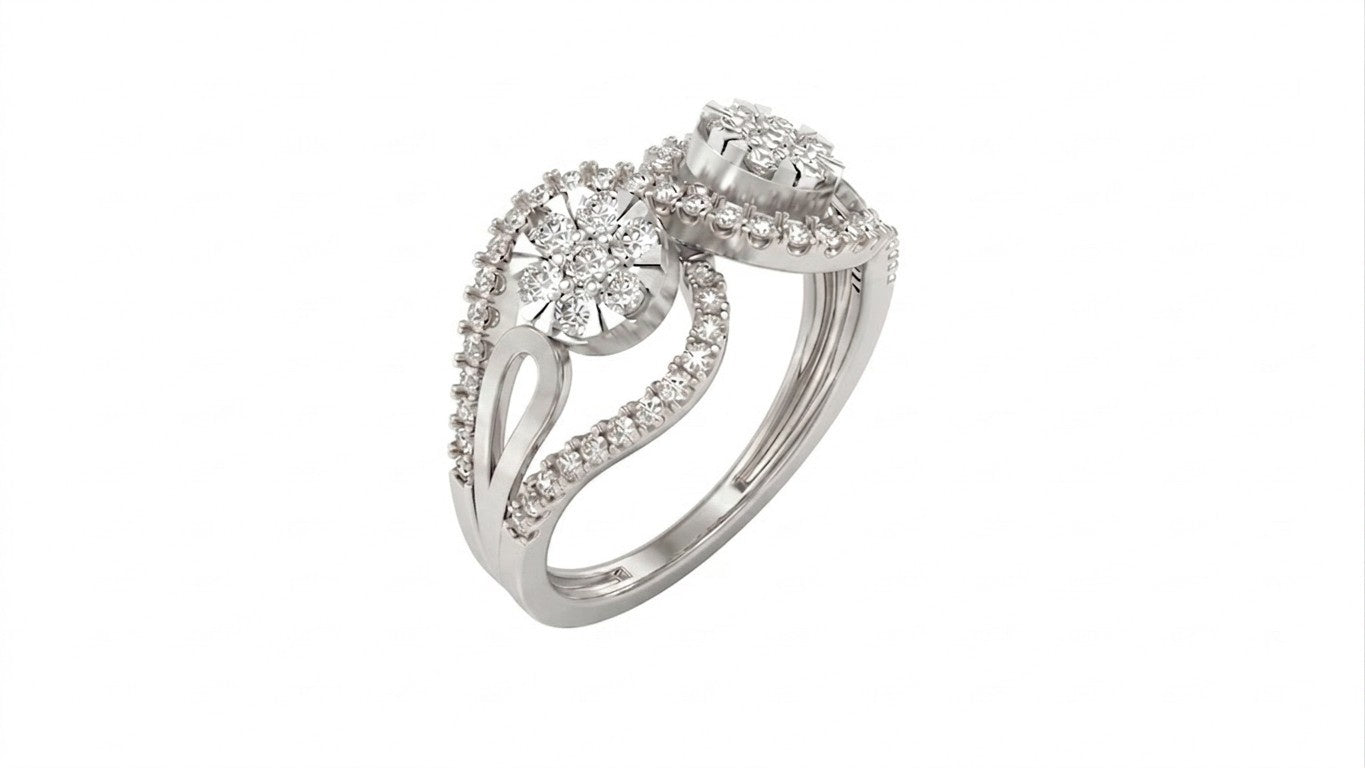 A white gold and diamond featuring two round diamond clusters, shown on a plain white background.