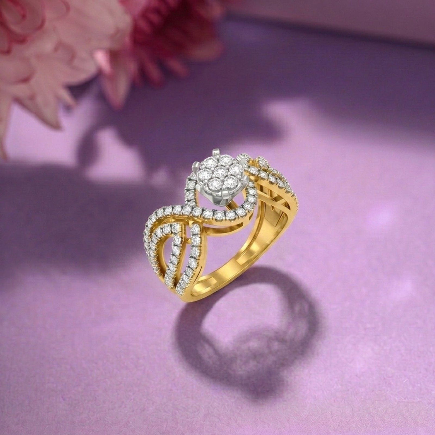 A gold ring with a round cluster, displayed on a soft purple surface.