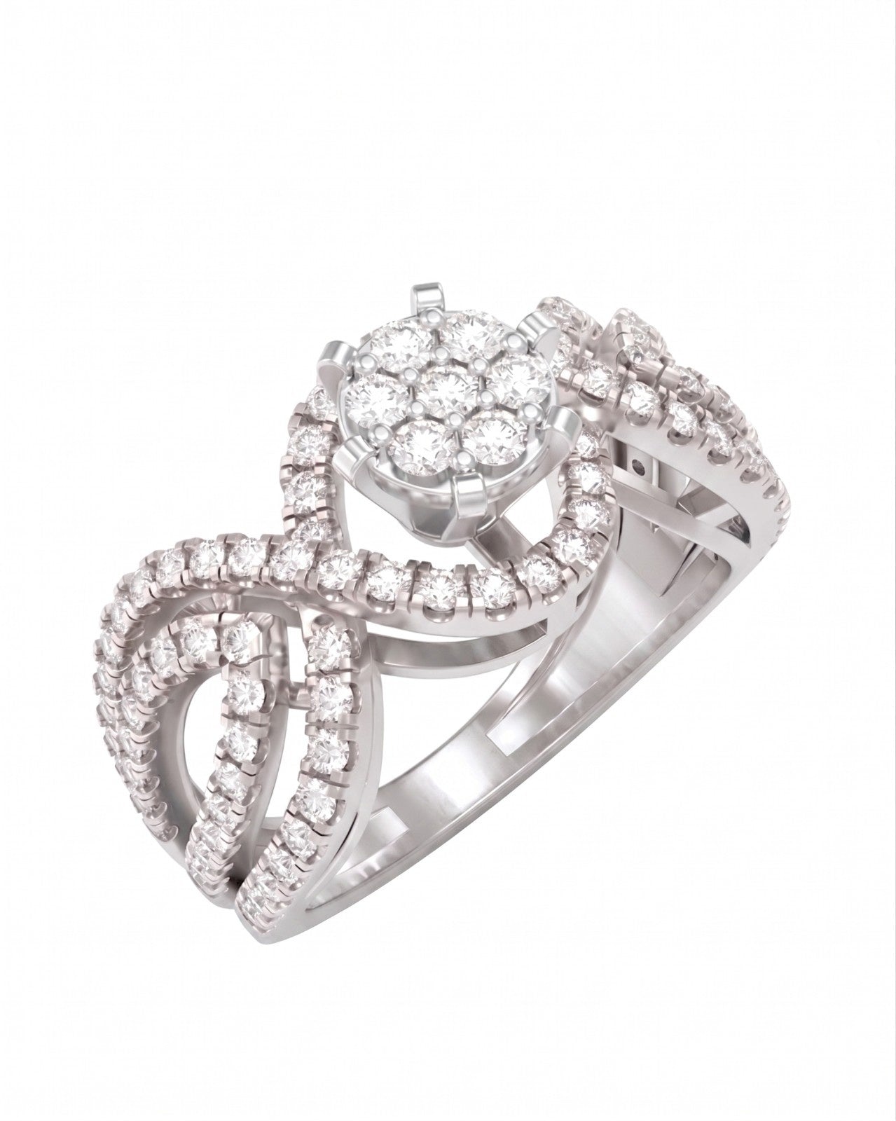 White gold and diamond ring with diamond accents on a white background