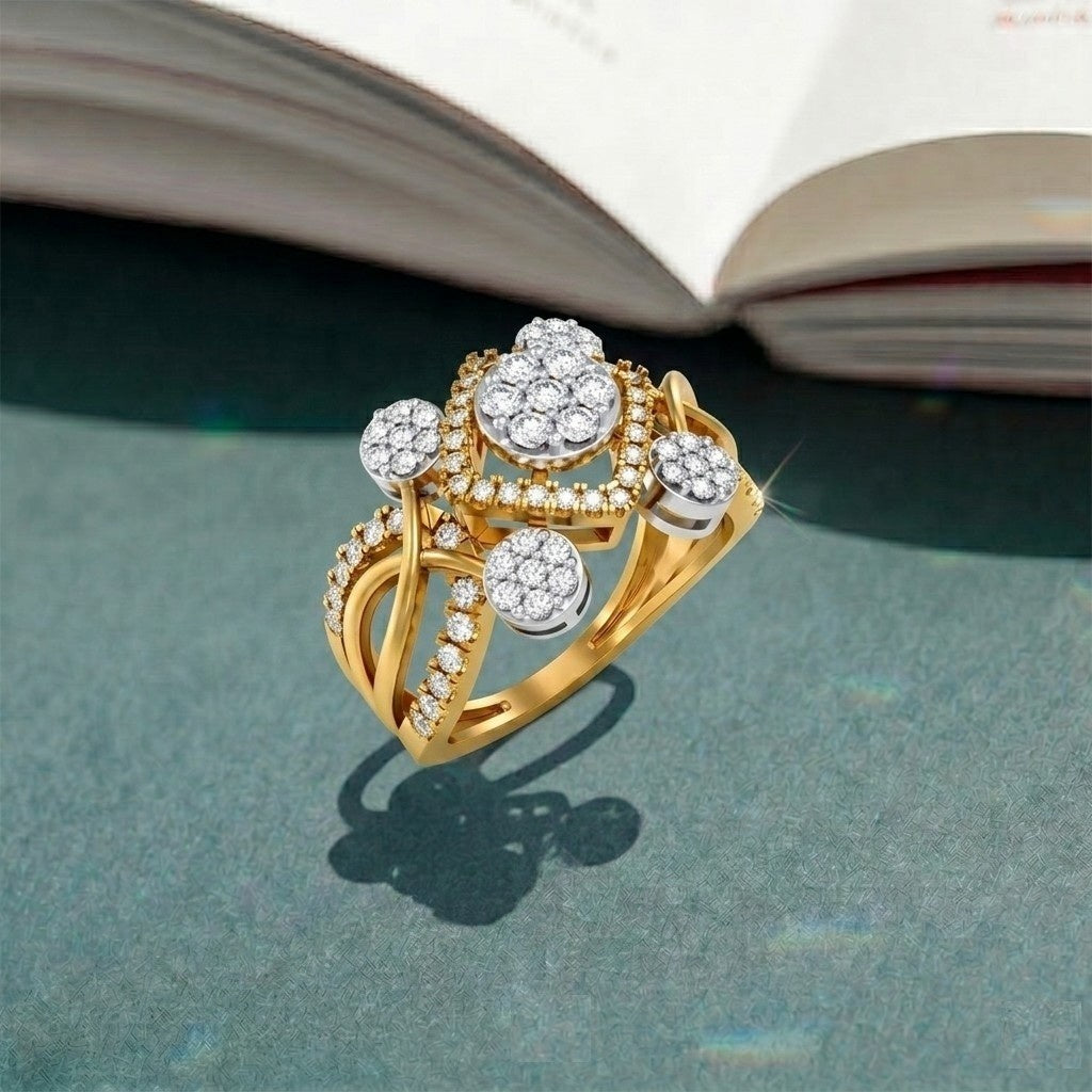 Gold ring with diamonds on a textured surface.
