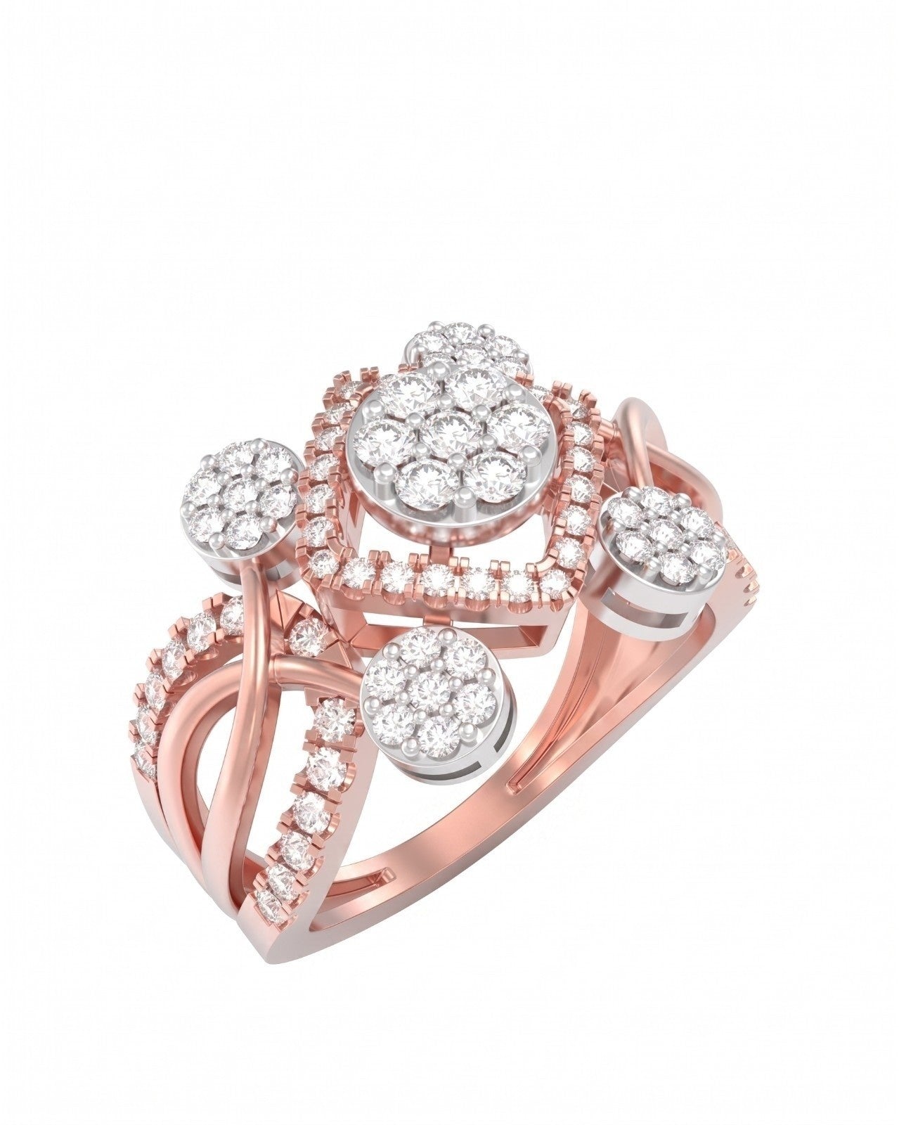 Rose gold and diamond women's ring  on a white background.