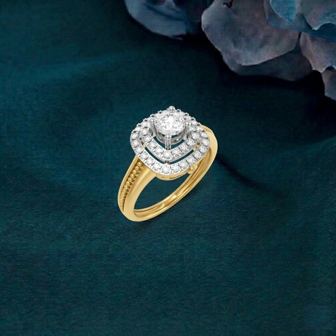 Gold and diamond ring on a dark green textured background