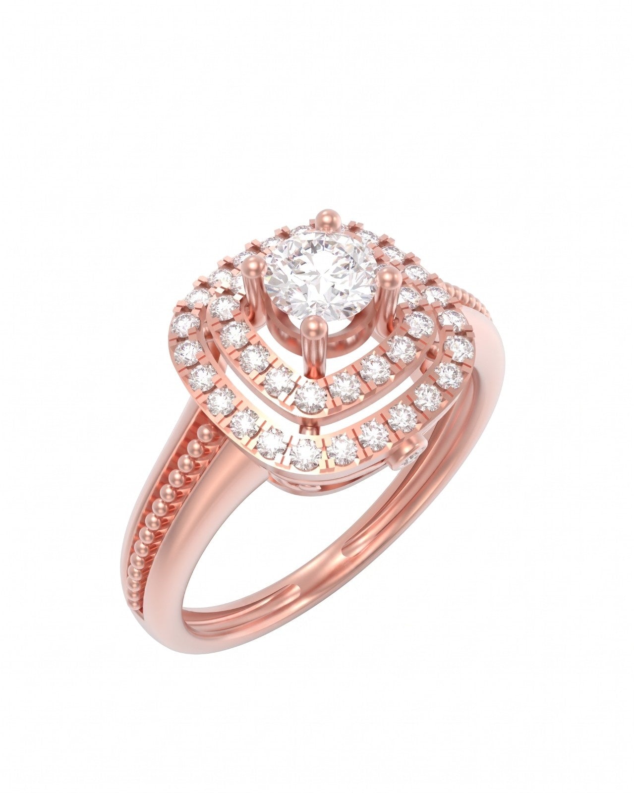 A rose gold and diamond ring featuring a square-shaped halo design, set on a clean white background.