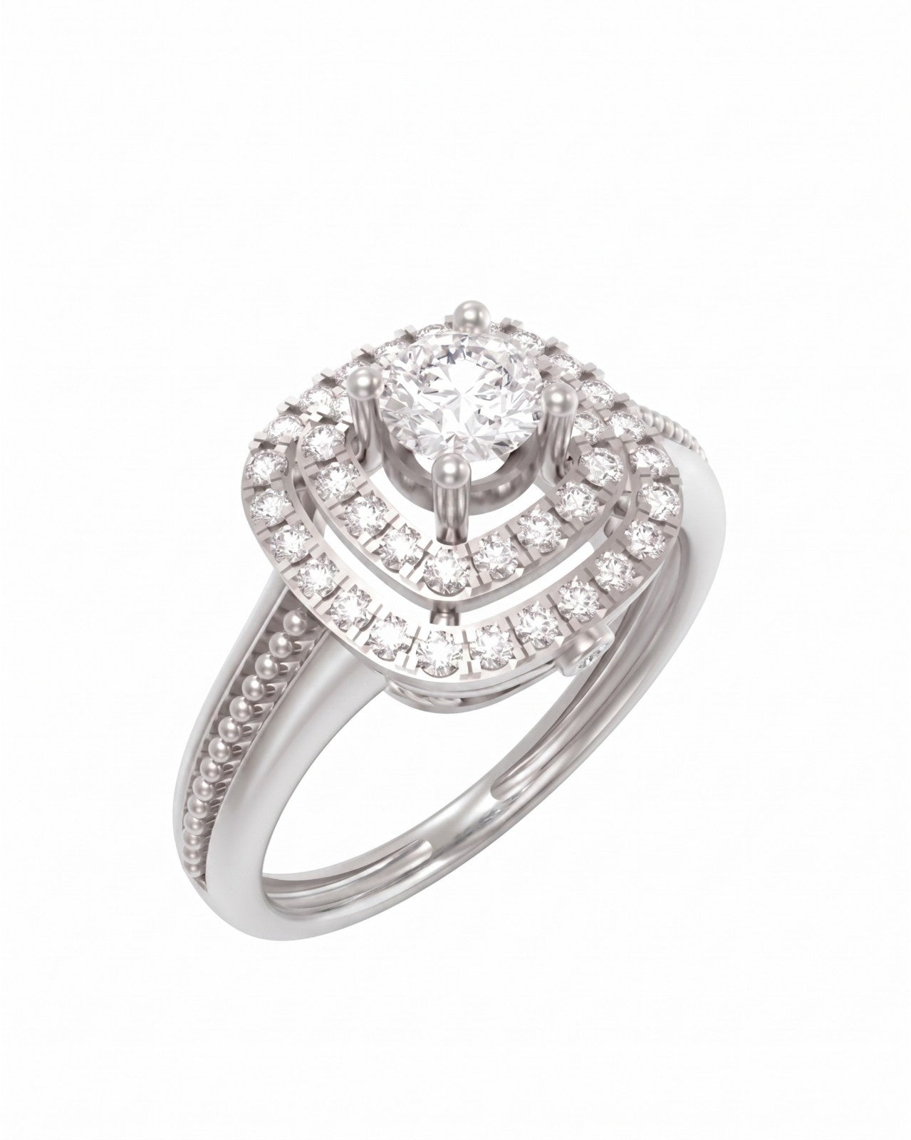 A white gold and diamond ring featuring a square-shaped halo design, set on a clean white background.