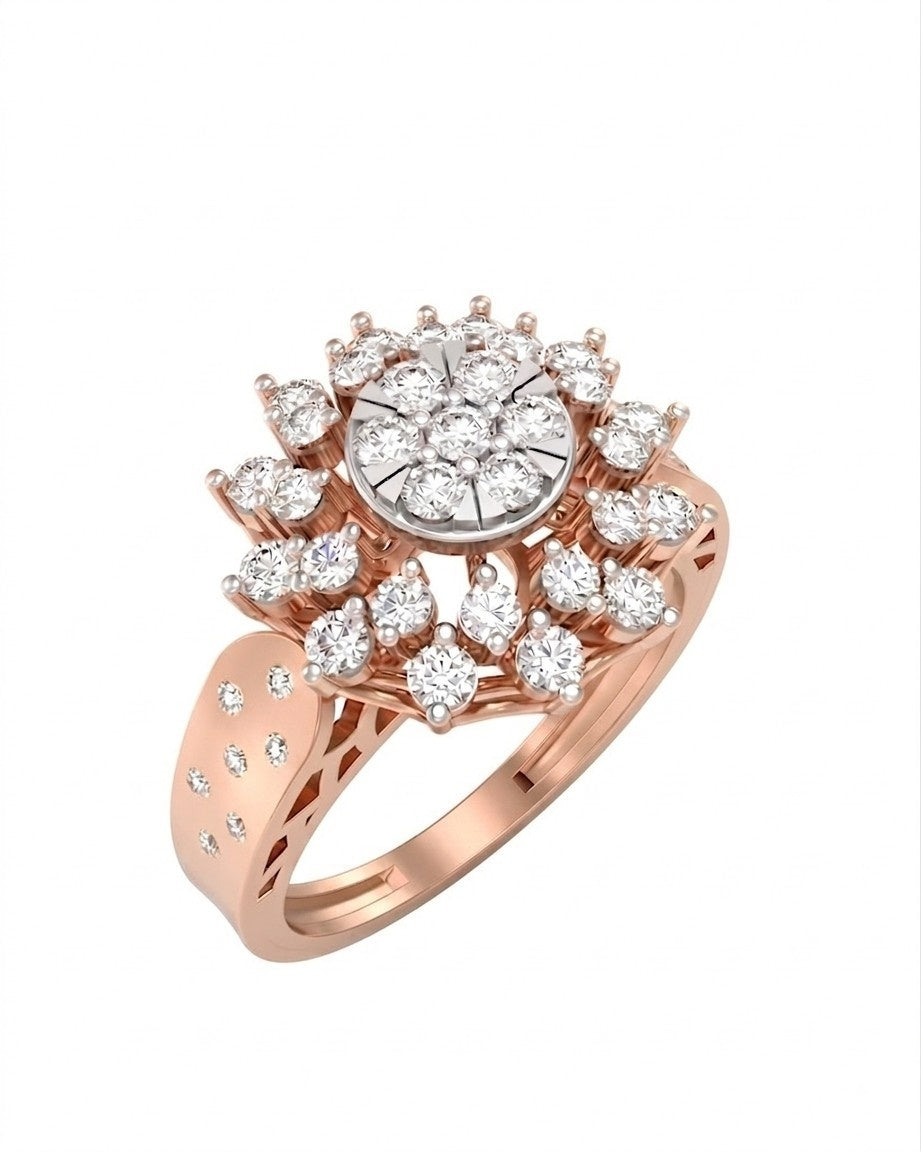 Rose gold and diamond ring with a floral design on a white background.