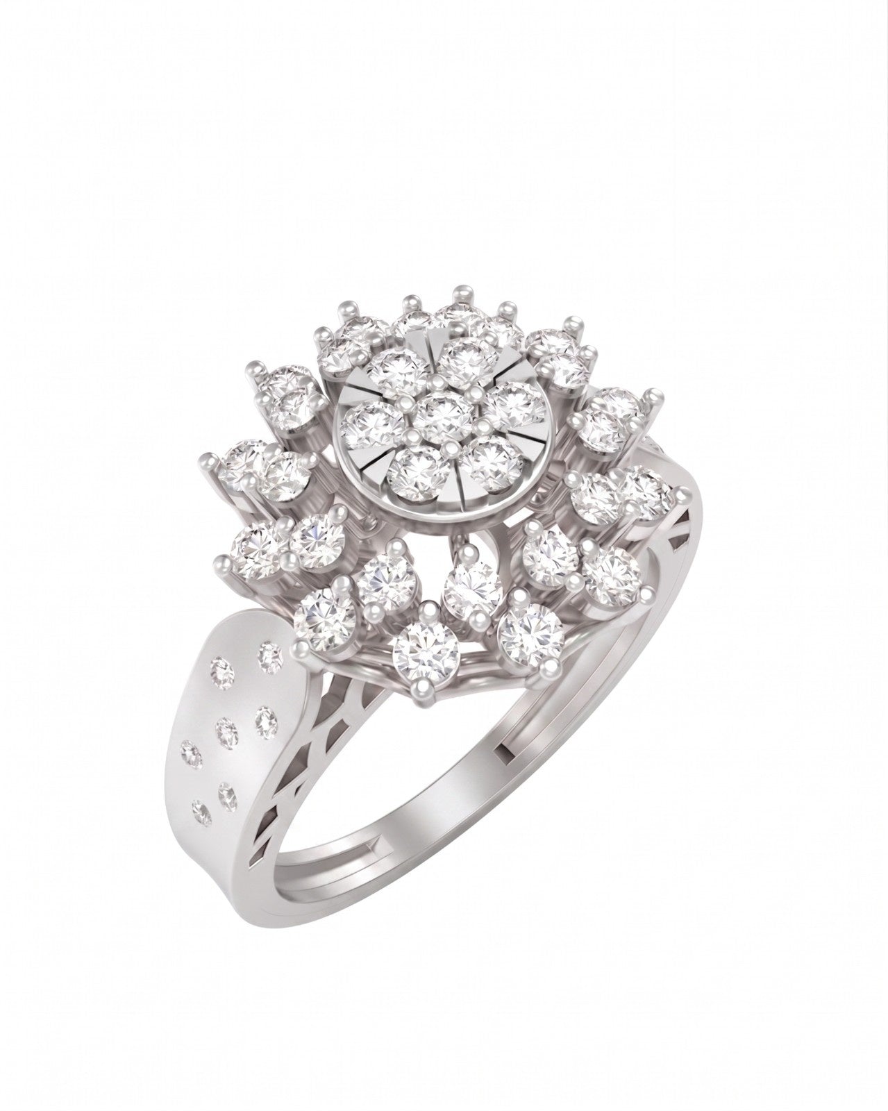 White gold and diamond ring with a floral design on a white background.
