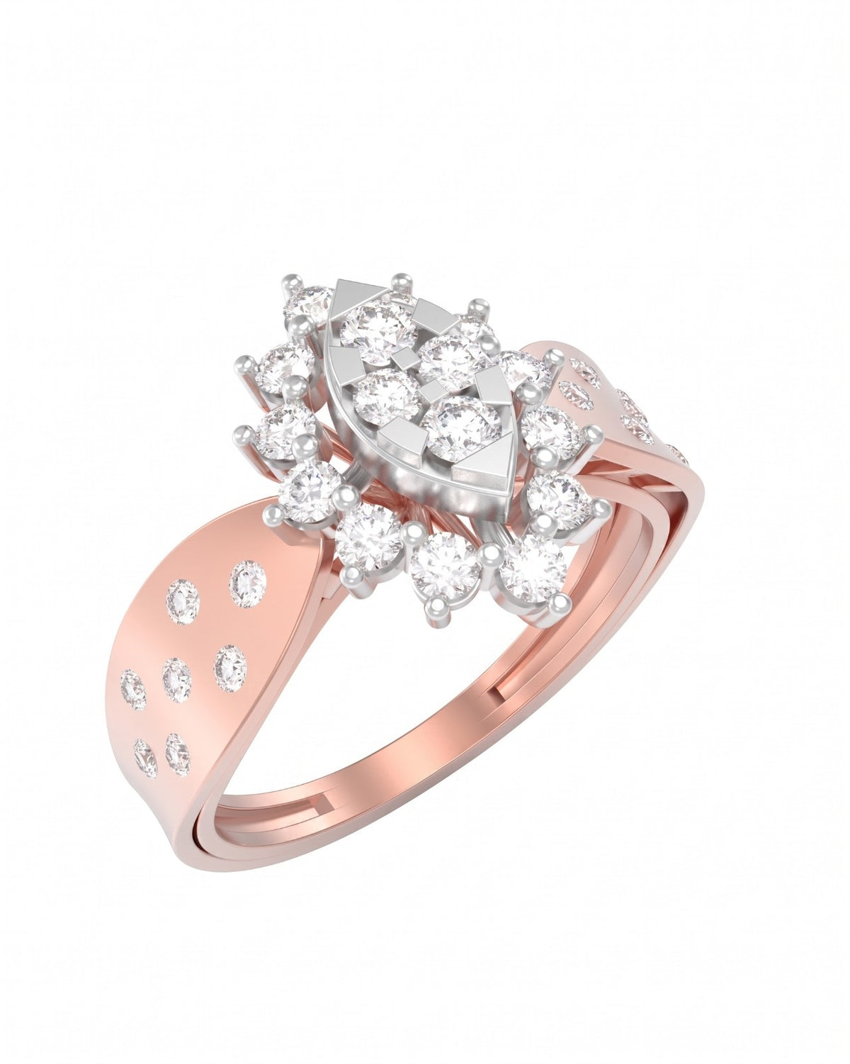 A rose gold and diamond cocktail ring, shown on a plain white background.