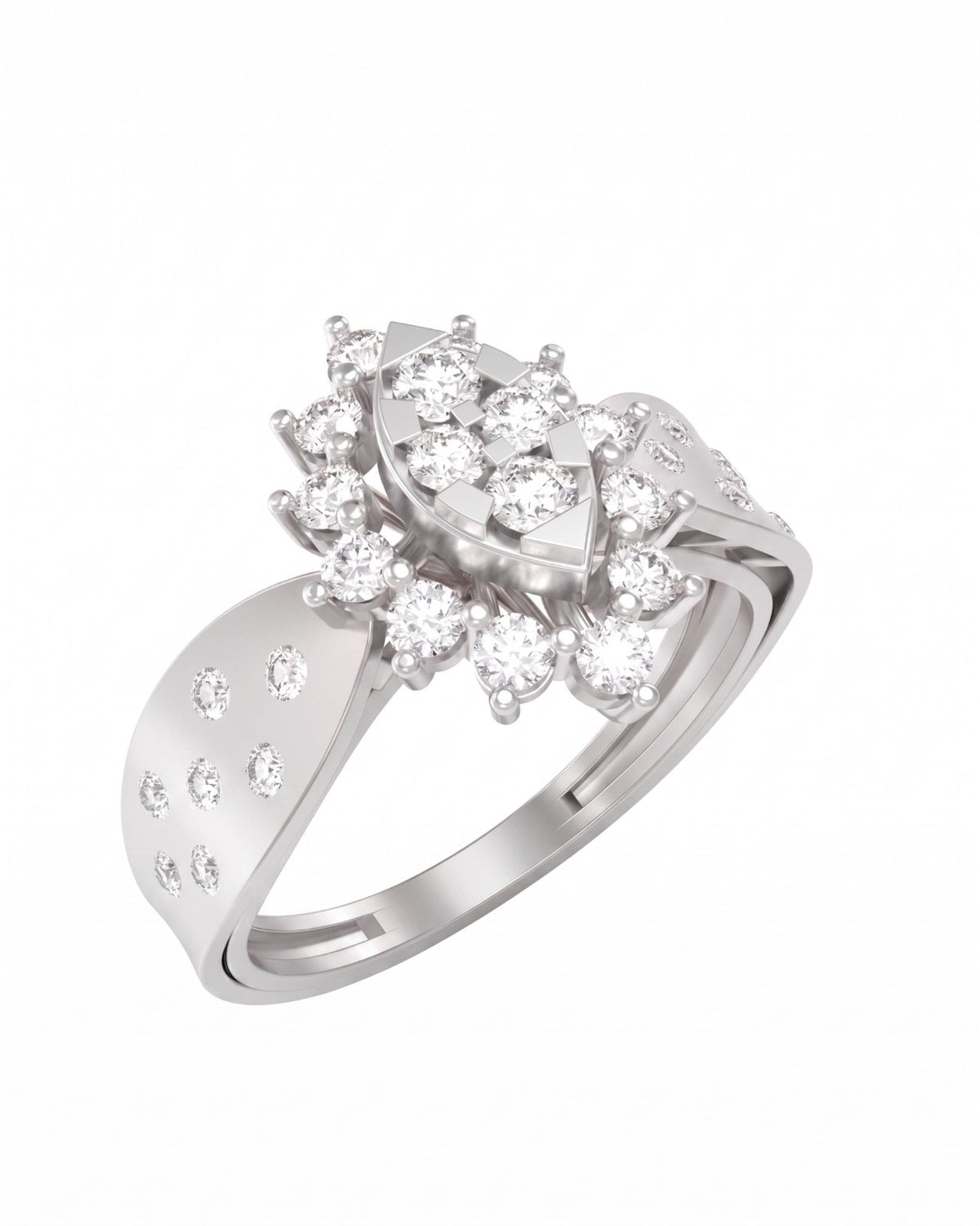 A white gold and diamond cocktail ring, shown on a plain white background.