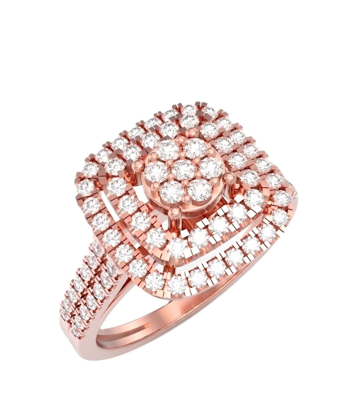 Rose gold ring with diamond accents on a white background.