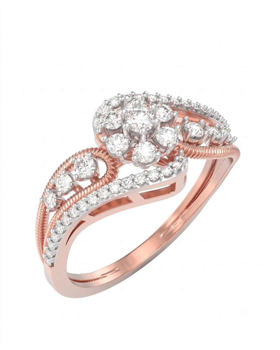 Rose Gold & Diamond Cluster Ring For Women with sparkling diamonds on awhite background.