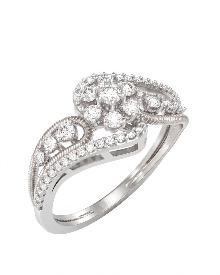 White Gold & Diamond Cluster Ring For Women with sparkling diamonds on awhite background.