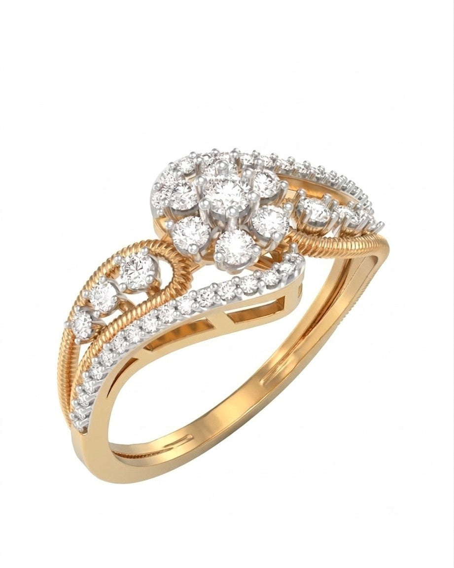 Yellow Gold & Diamond Cluster Ring For Women with sparkling diamonds on awhite background.