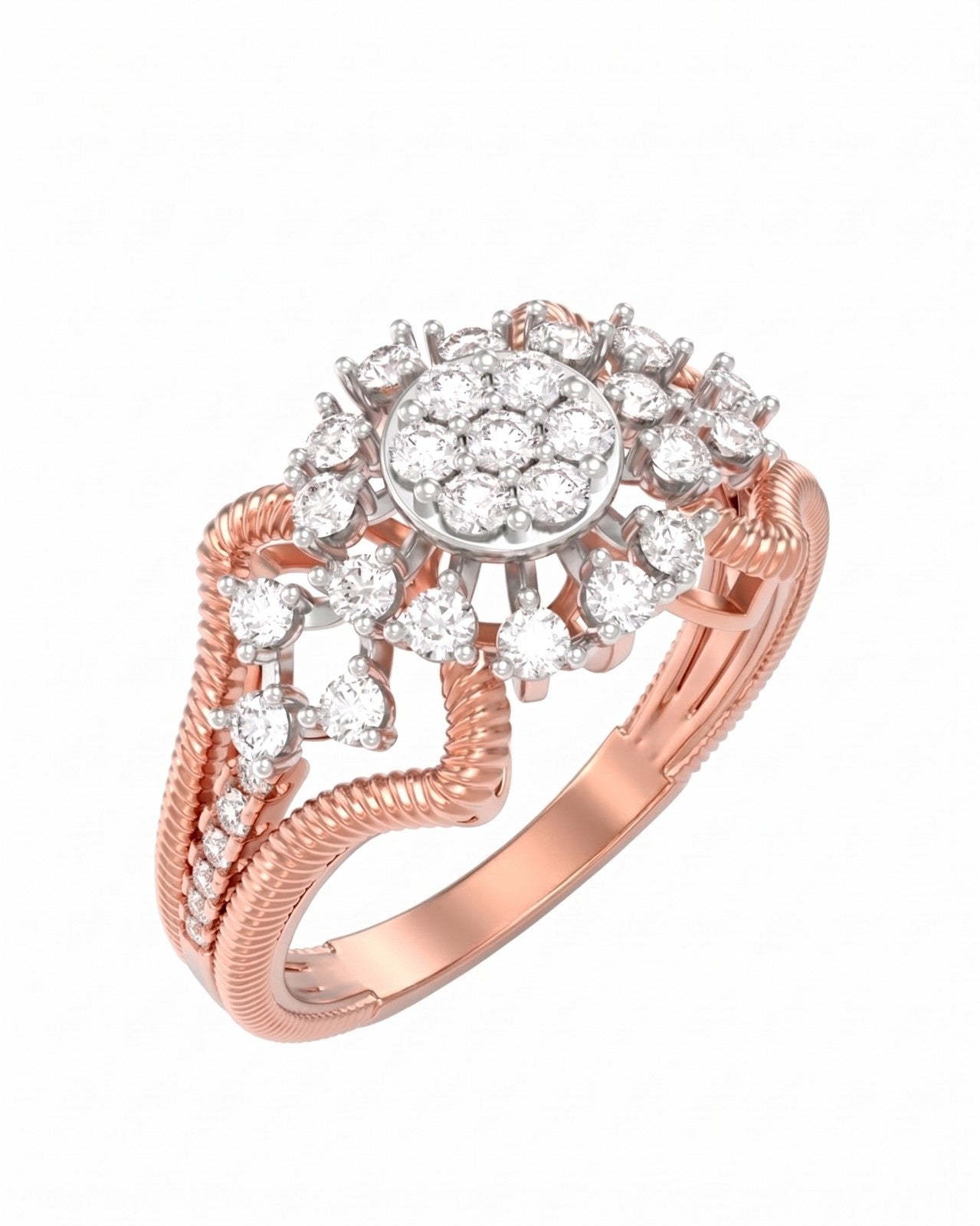 Rose gold and diamond with cluster on a white background.