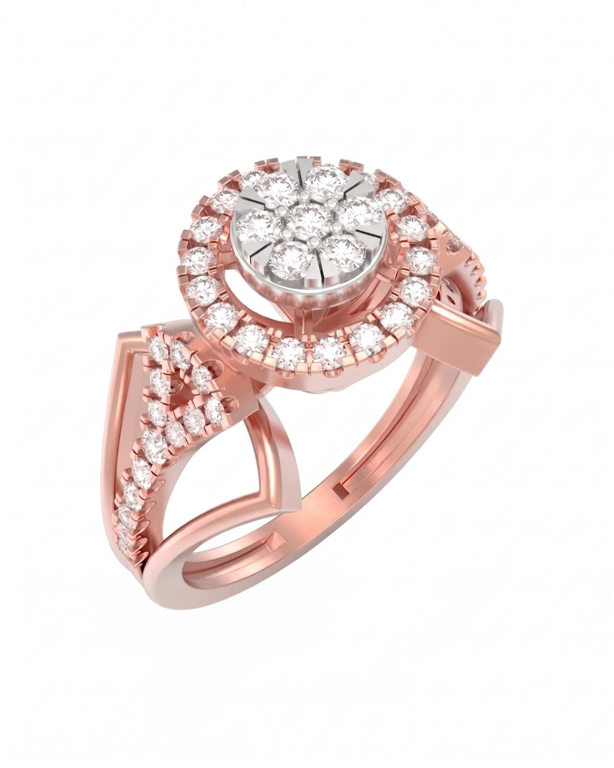 Rose gold ring with diamond accents on a white background.