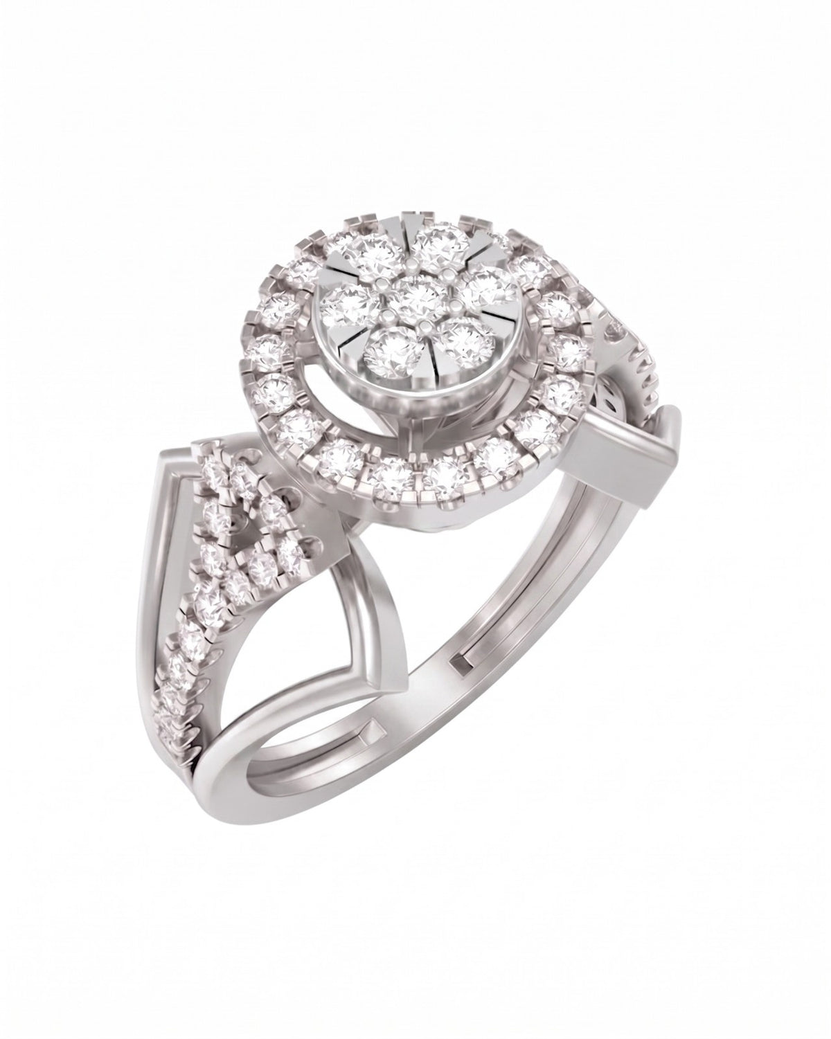 White gold ring with diamond accents on a white background.