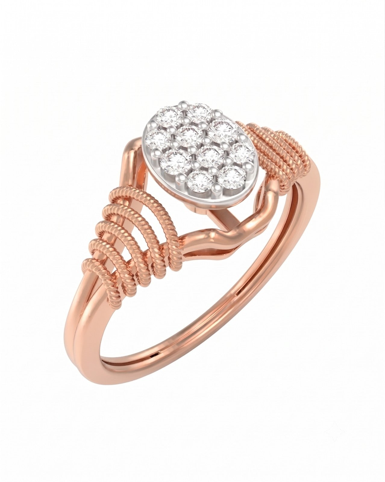 A rose gold ring with a round cluster on top, set in a textured gold band, shown against a plain white background.