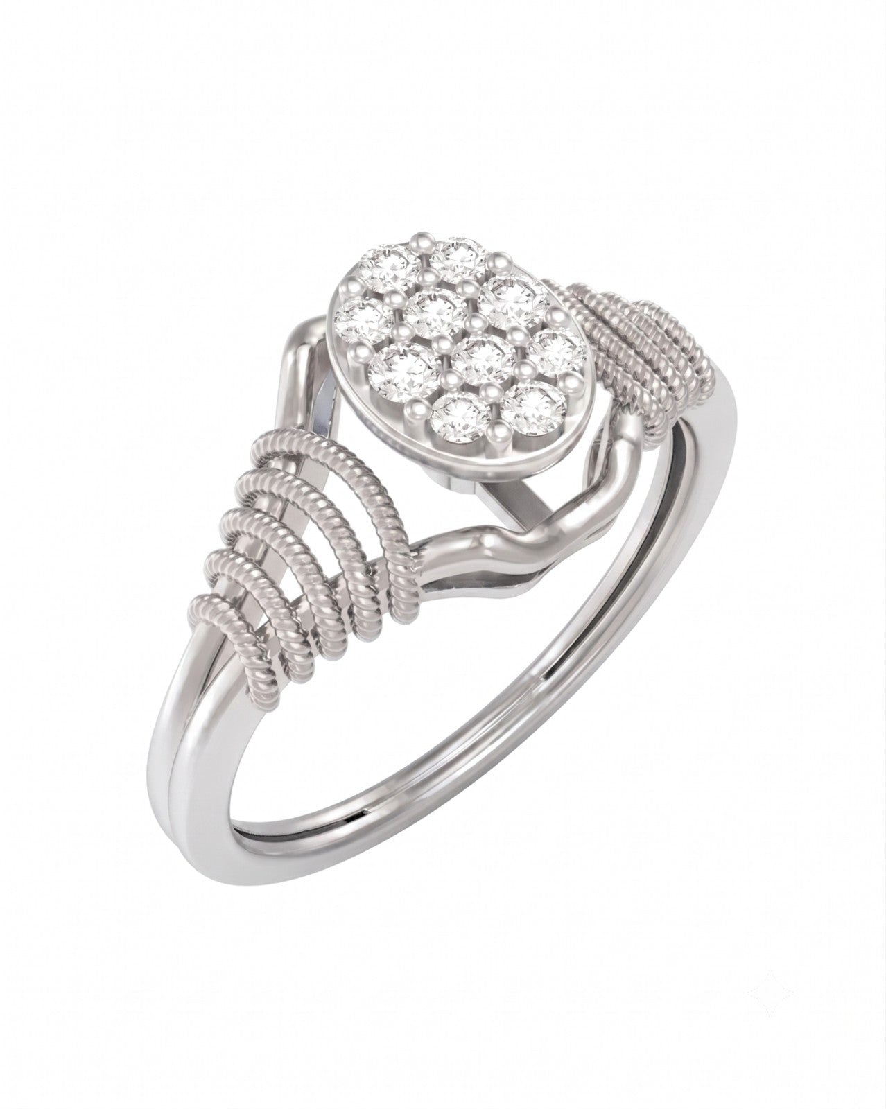A white gold ring with a round cluster on top, set in a textured gold band, shown against a plain white background.